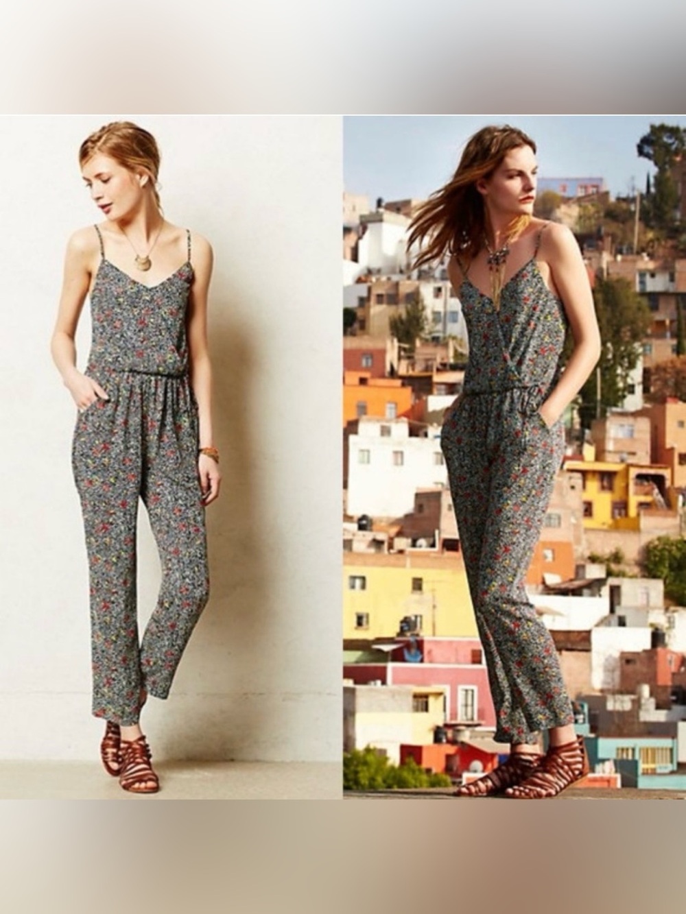 Anthropologie Elevenses Floral-Print Spaghetti-Strap Jumpsuit - Gray Multicolor